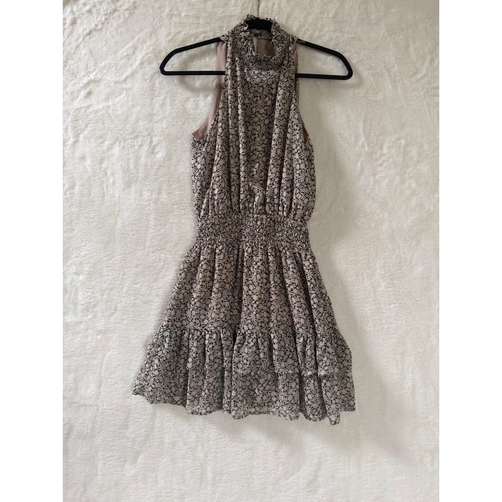 Olivia Grey Floral Smocked High Neck Mini Dress Tan Black Sleeveless‎ XS